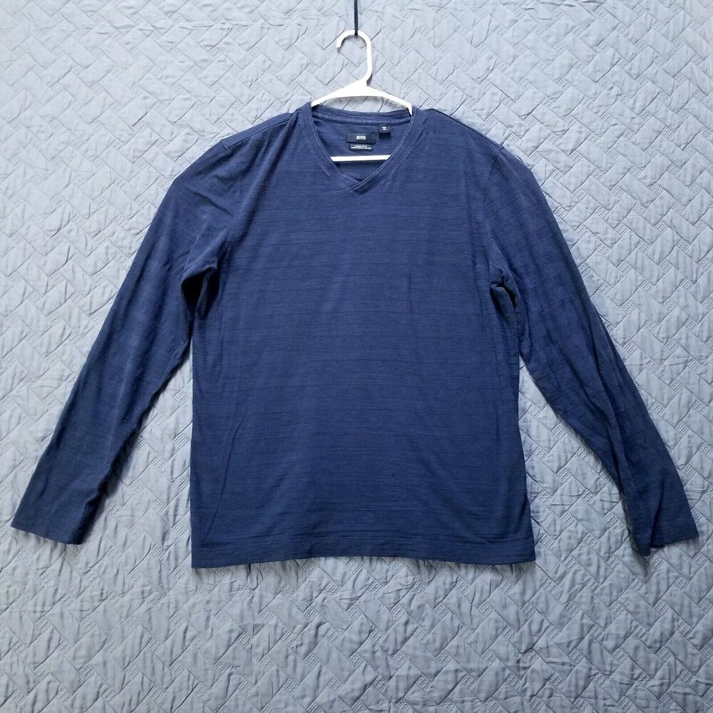 Hugo Boss Shirt Mens XL Blue Regular Fit Long Staple Cotton V Neck Long Sleeve